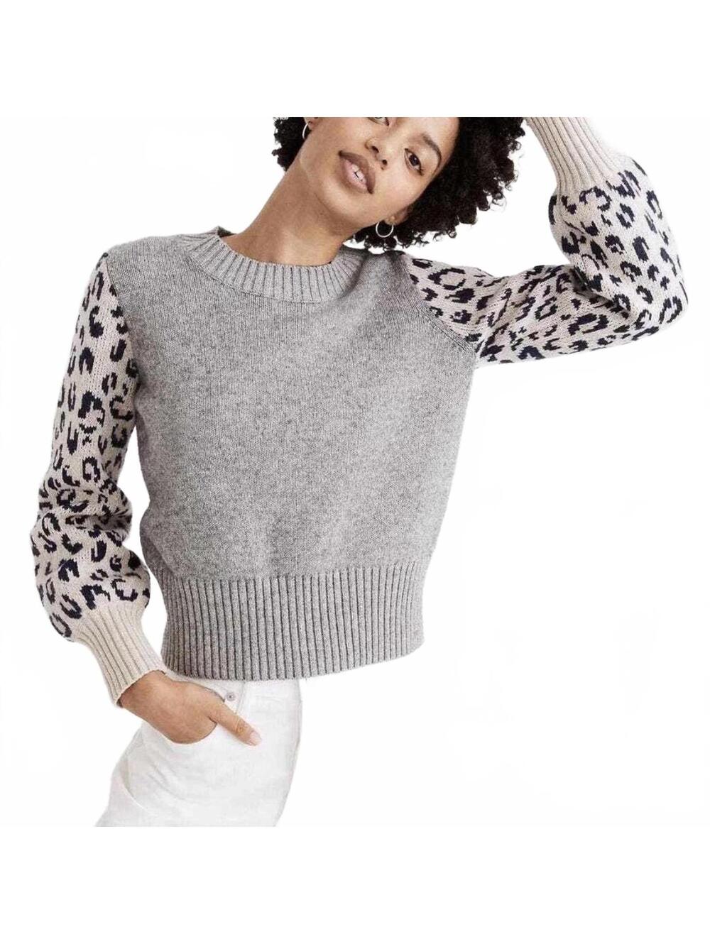 Madewell Gray Tensley Leopard Print Balloon Sleeve Pullover Sweater Small